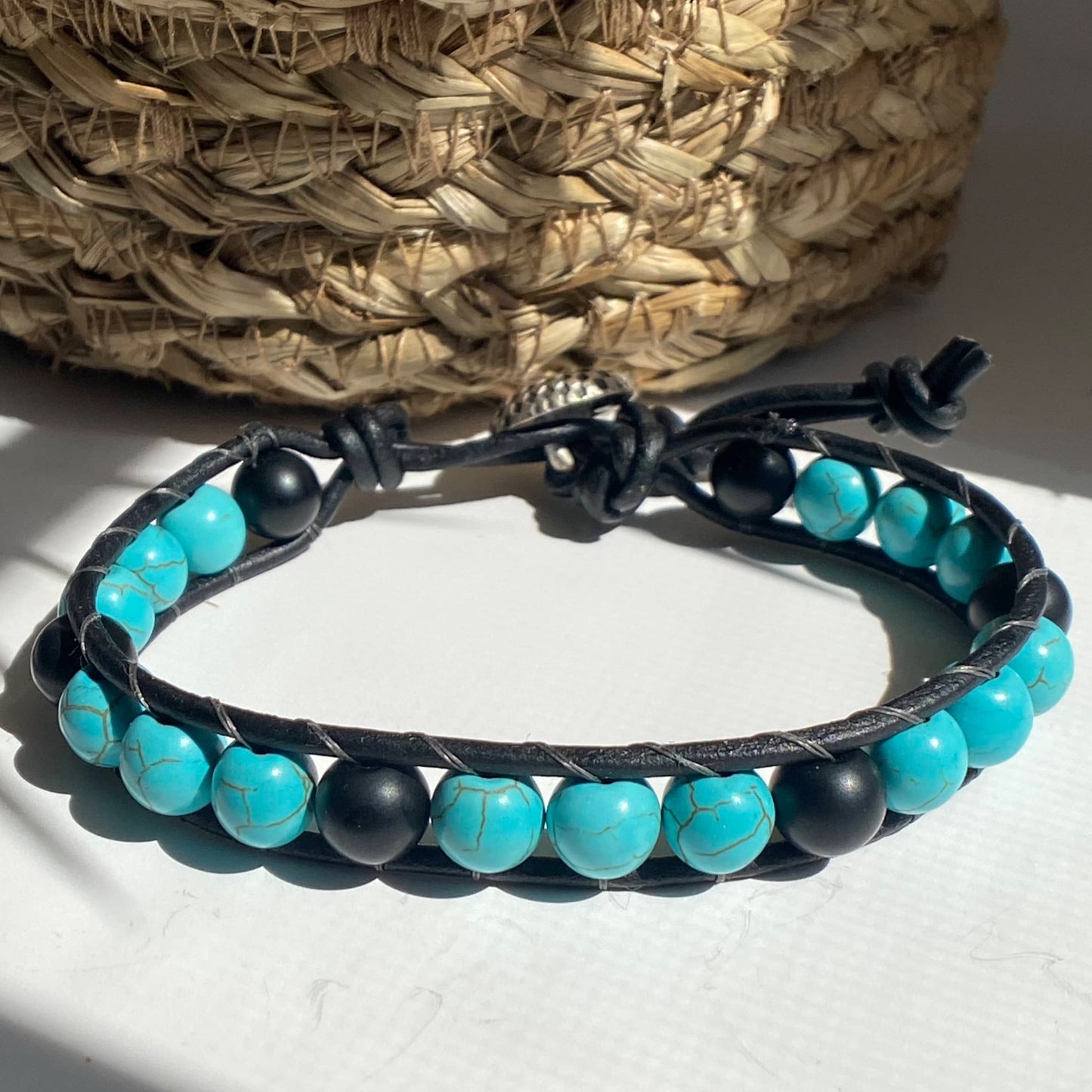 Turquoise and Onyx Beaded Black Leather Bracelet - Strength & Energy