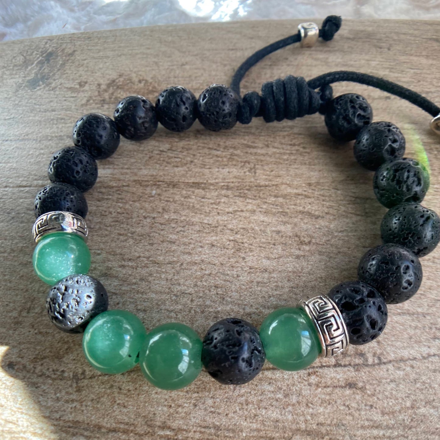 Green Aventurine & Natural Black Lava 10mm Beaded Bracelet Adjustable Bracelet