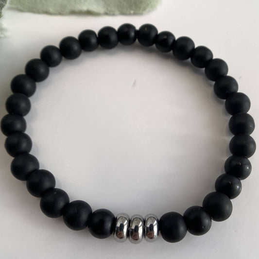 Mens 6mm Matte Black Onyx Beaded Stretch Bracelet - Strength and Protects