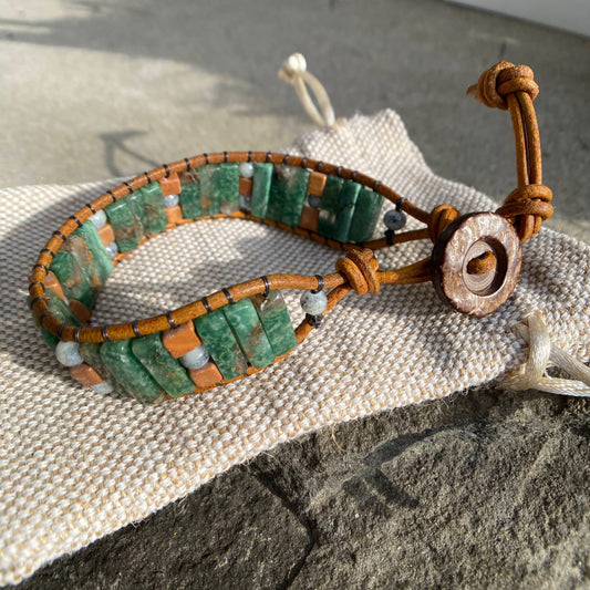 African Jade and Tiger Skin Jasper Beaded Mens Leather Bracelet