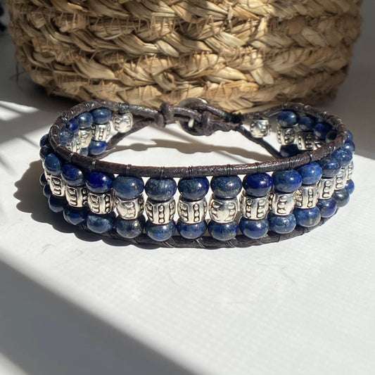 Blue Lapis and silver beaded leather bracelet