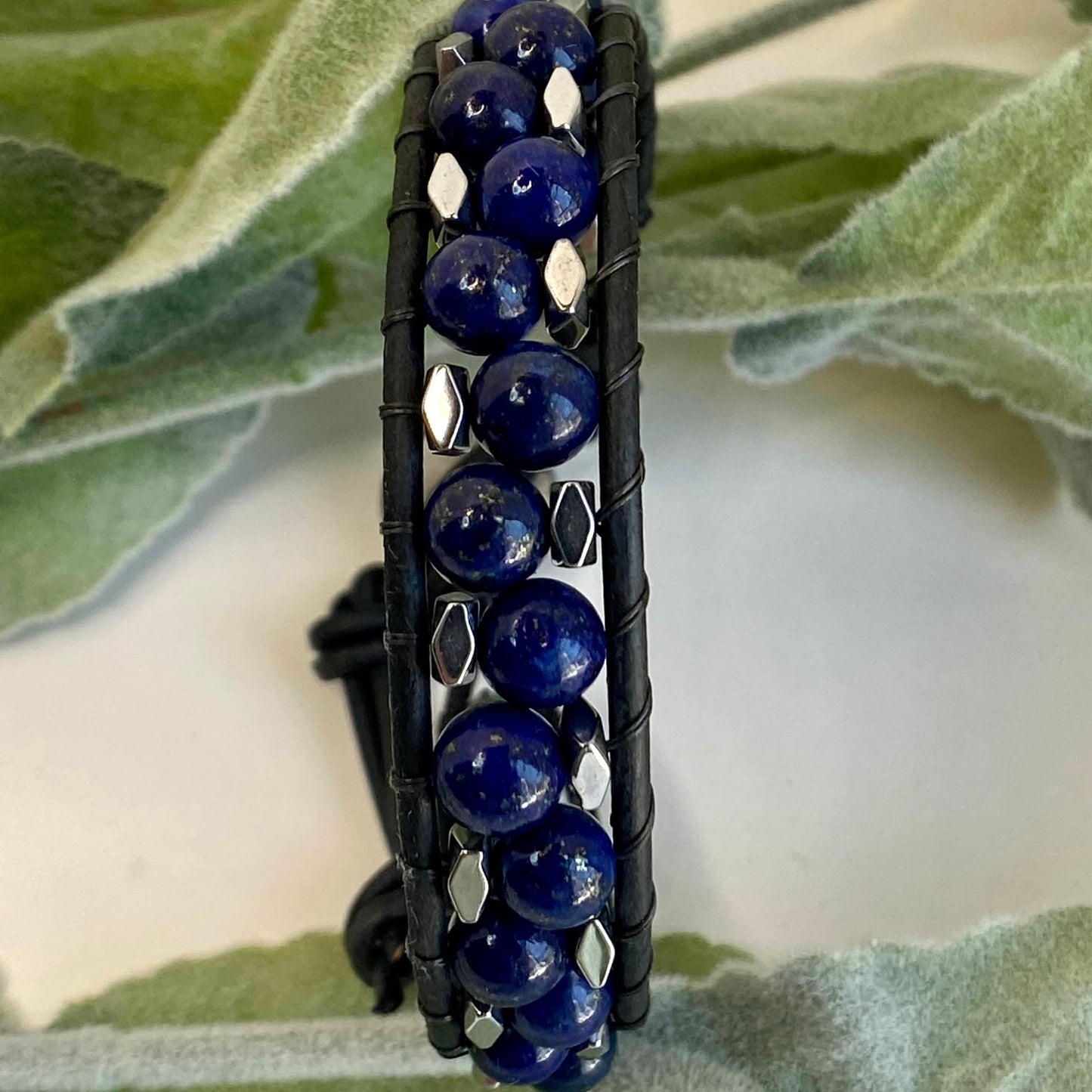 Blue Lapis Beaded Black Leather Bracelet - Connect