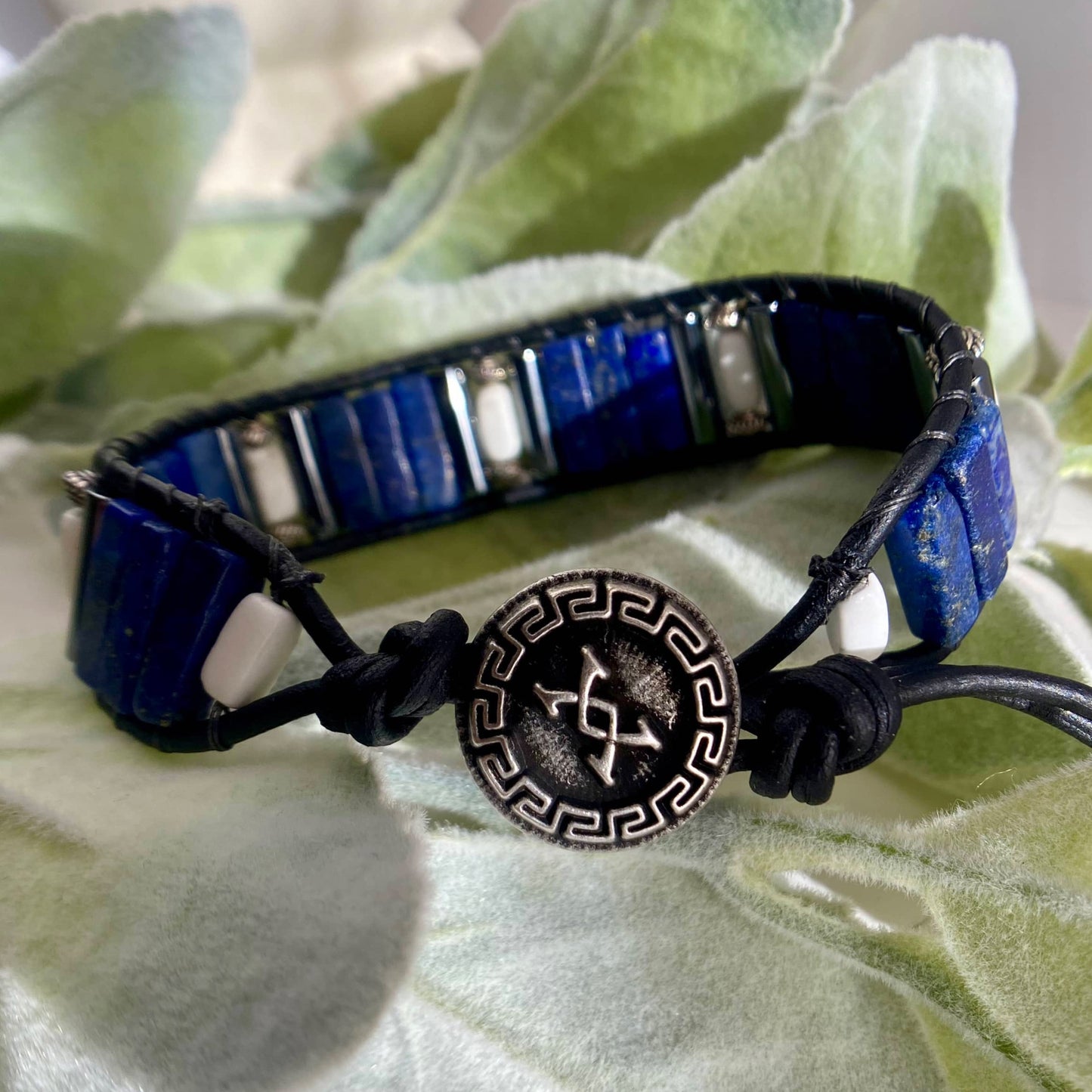 Men's Lapis and White Turquoise Beaded Black Leather Cuff Bracelet - Truth and Integrity