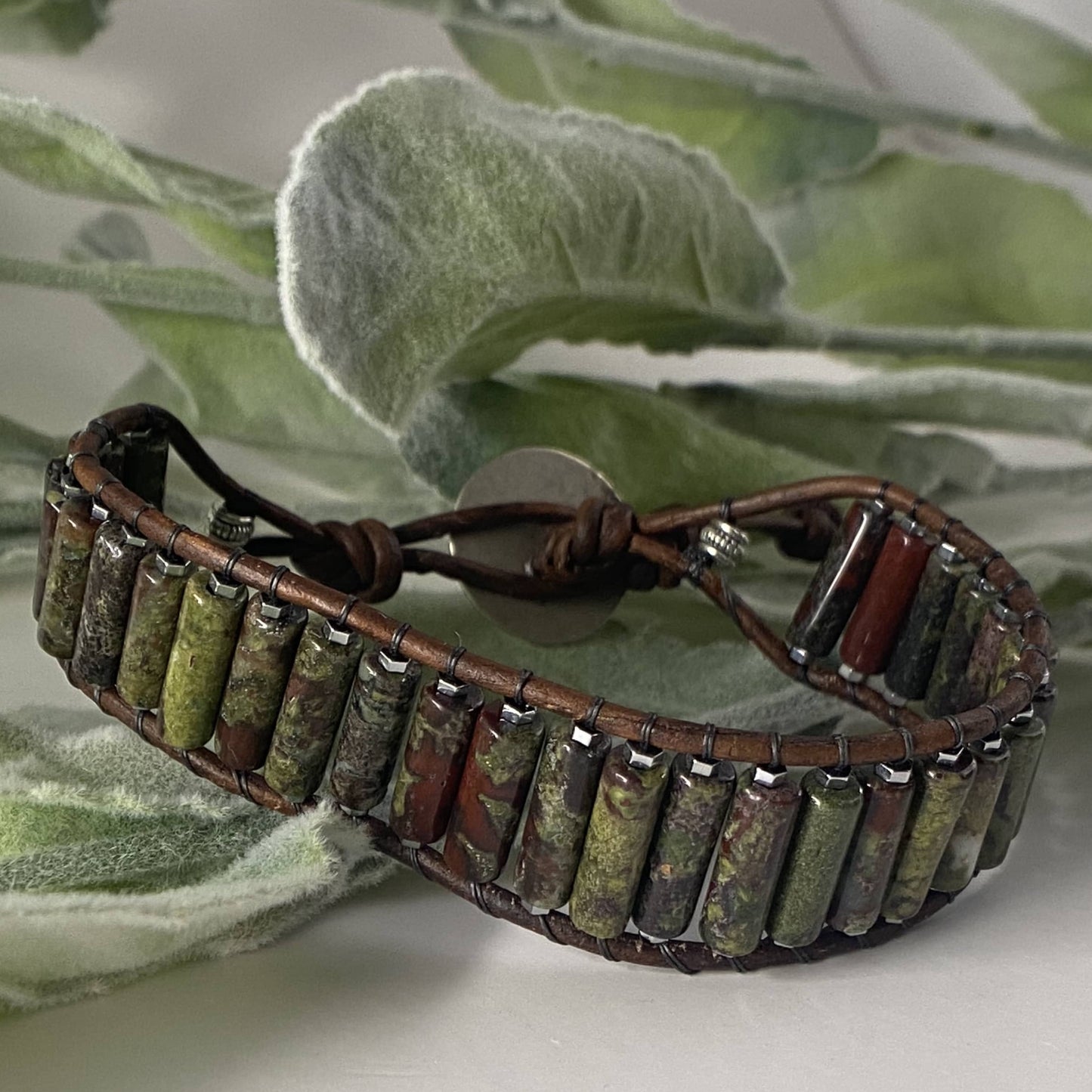 Mens Jasper Beaded Brown Leather Bracelet - Harmony