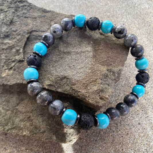 Beaded Stretch Bracelet 8mm Labradorite and Turquoise - Balance