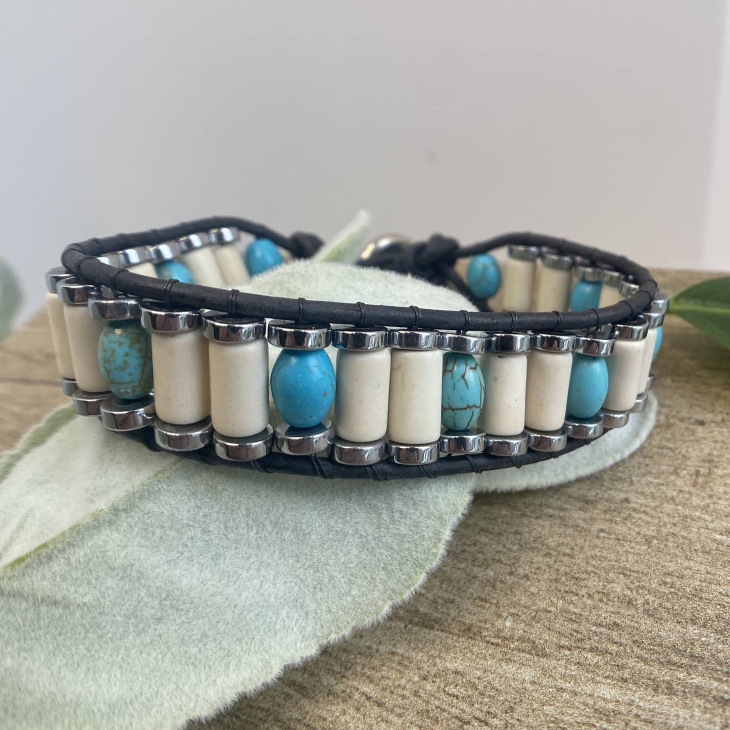 White and Blue Turquoise Beaded leather bracelet