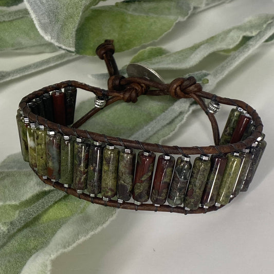 Jasper Beaded Brown Leather Bracelet